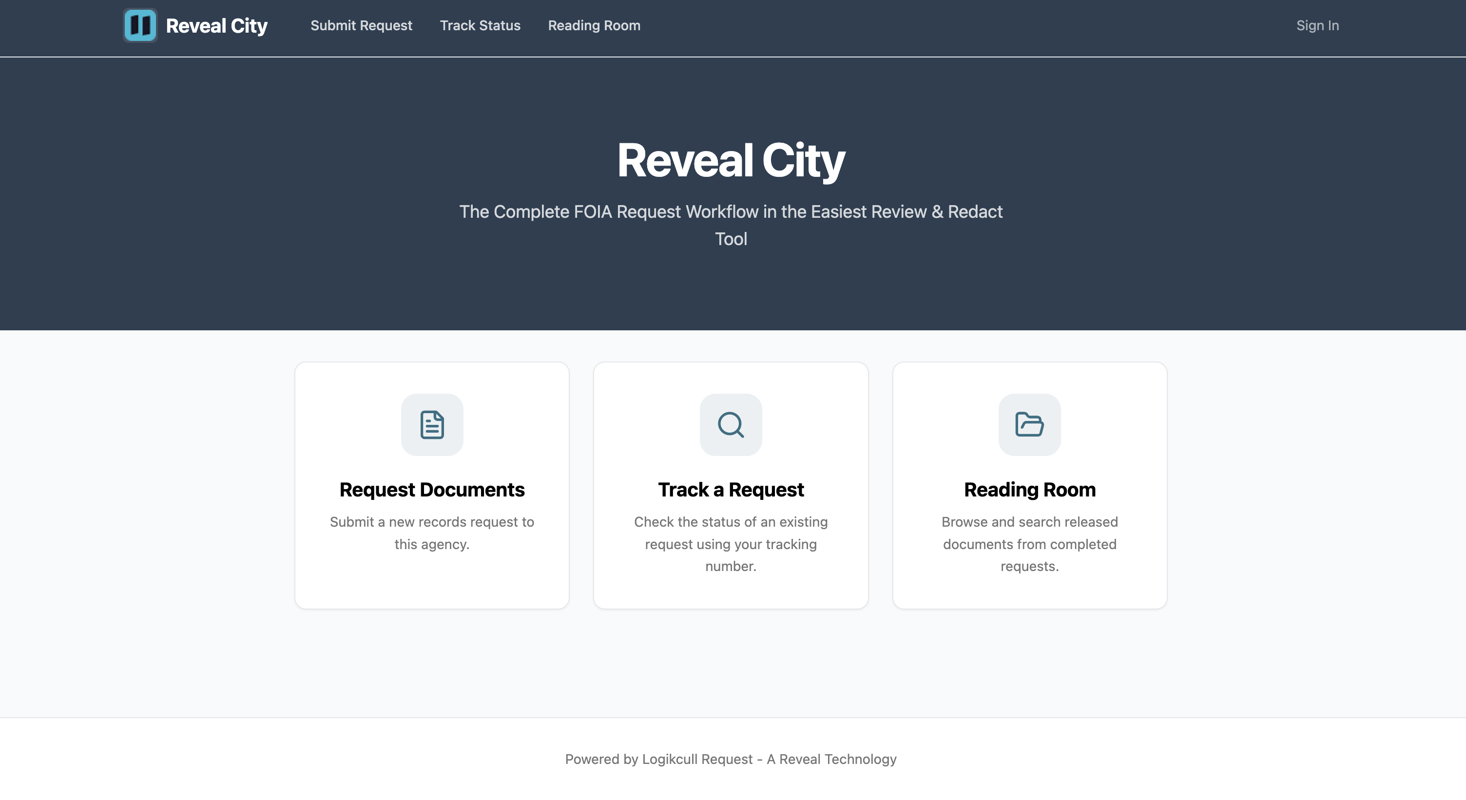 Reveal City interface showcasing options to request documents, track requests, and access the reading room.